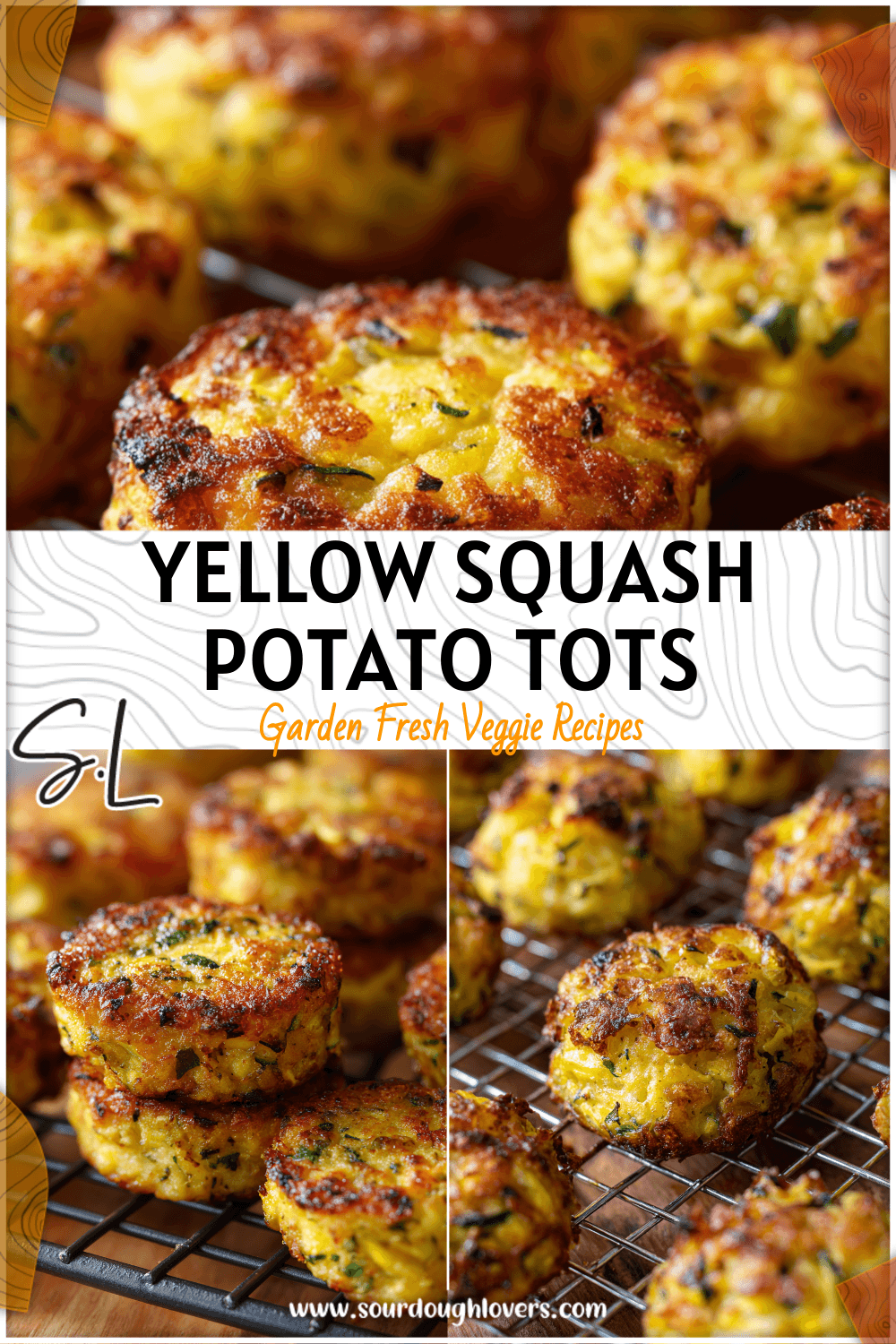 Yellow squash and potato tots arranged on a cooling rack with a golden crust. 2